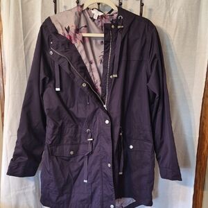 Time and Tru Hooded Utility Jacket in Dark Purple with Floral Lining